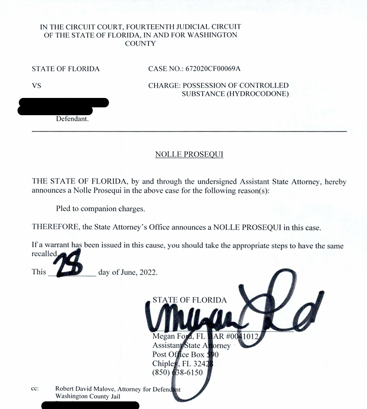 State of Florida Nolle Prosequi Against Malove Client