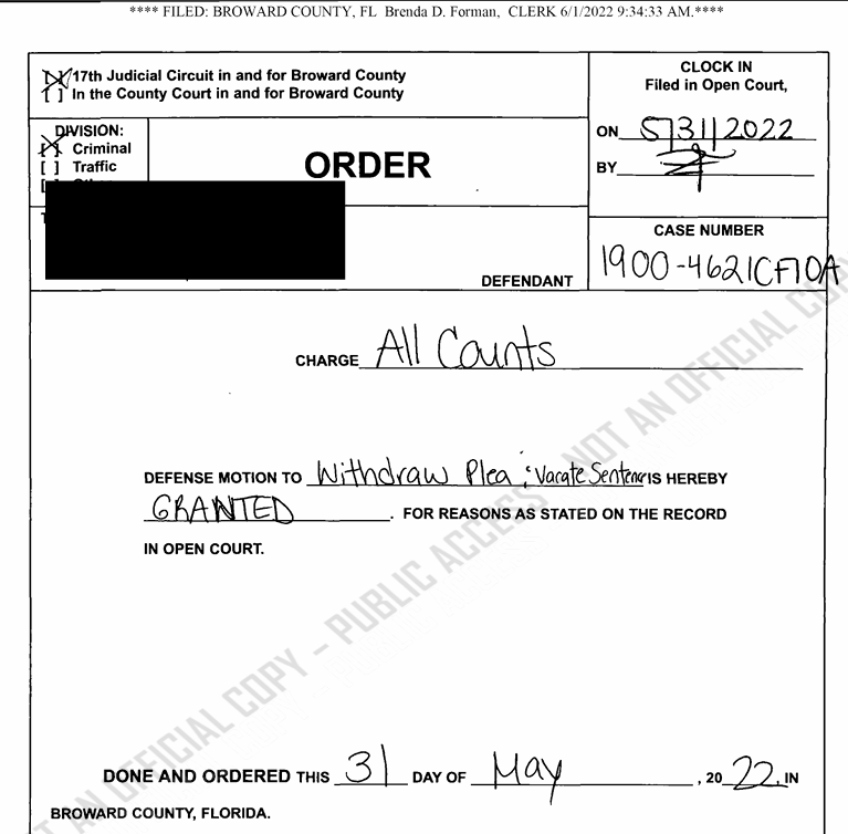 Withdraw Plea & Vacate Sentence Granted