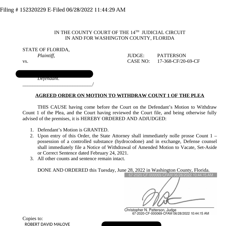 Agreed Order on Motion to Withdraw Count 1 of the Plea
