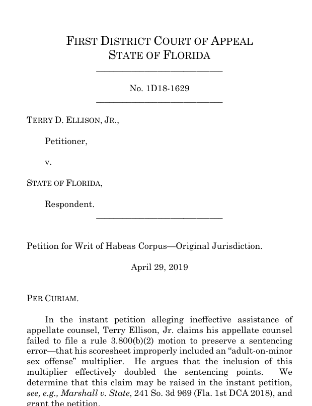 Judge improperly applied “adult-on-minor-sex offense” multiplier. Appellate Counsel Missed the Issue. Rpbert Malove Files Writ of Habeas Corpus and Wins Client New Sentencing